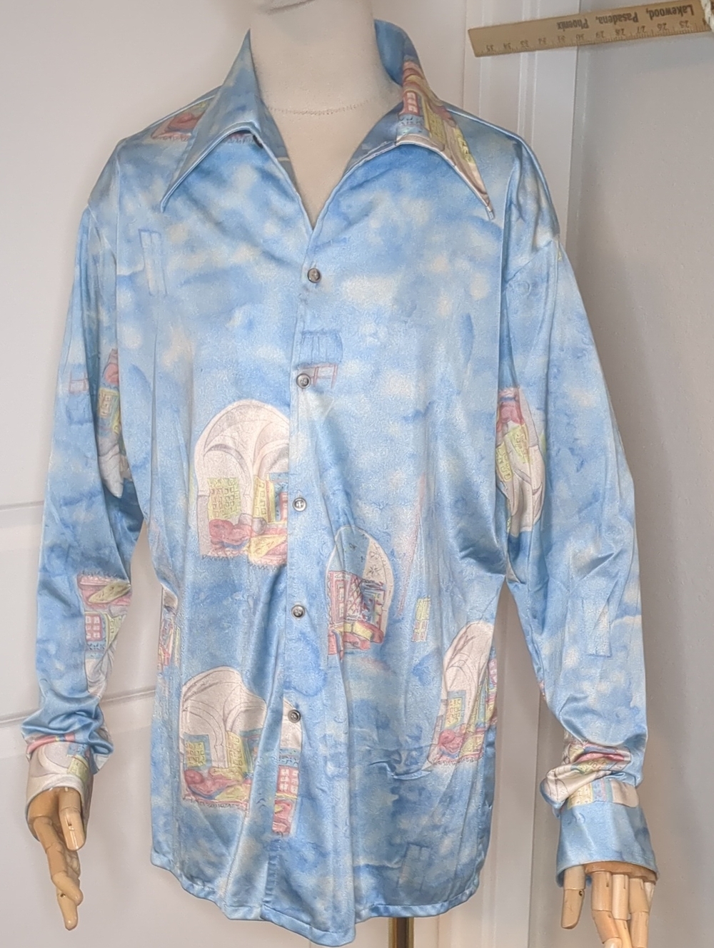 Vintage 70s Van Heusen Men's Disco Shirt Light Blue Cloud & Art Deco Rooms SZ LT